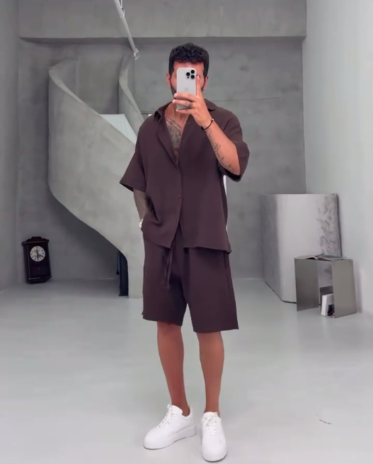 Screenshot_1 Мужской Коричневый Летний Оверсайз Костюм из Льна (Рубашка + Шорты)