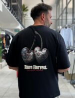 Мужская Хлопковая Черная Футболка Оверсайз с Вишней на Спине