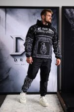 Мужской Черный Спортивный Костюм Плащевка Принт со Скелетом (Анорак + Джоггеры)