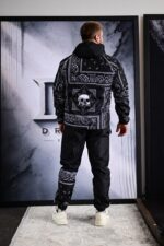 Мужской Черный Спортивный Костюм Плащевка Принт со Скелетом (Анорак + Джоггеры)