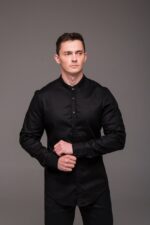 Мужская Базовая Черная Рубашка Лен с Воротником Стойка