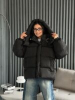 Женская Объемная Дутая Черная Куртка Оверсайз с Капюшоном