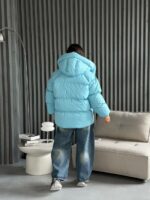 Женская Объемная Дутая Голубая Куртка Оверсайз с Капюшоном