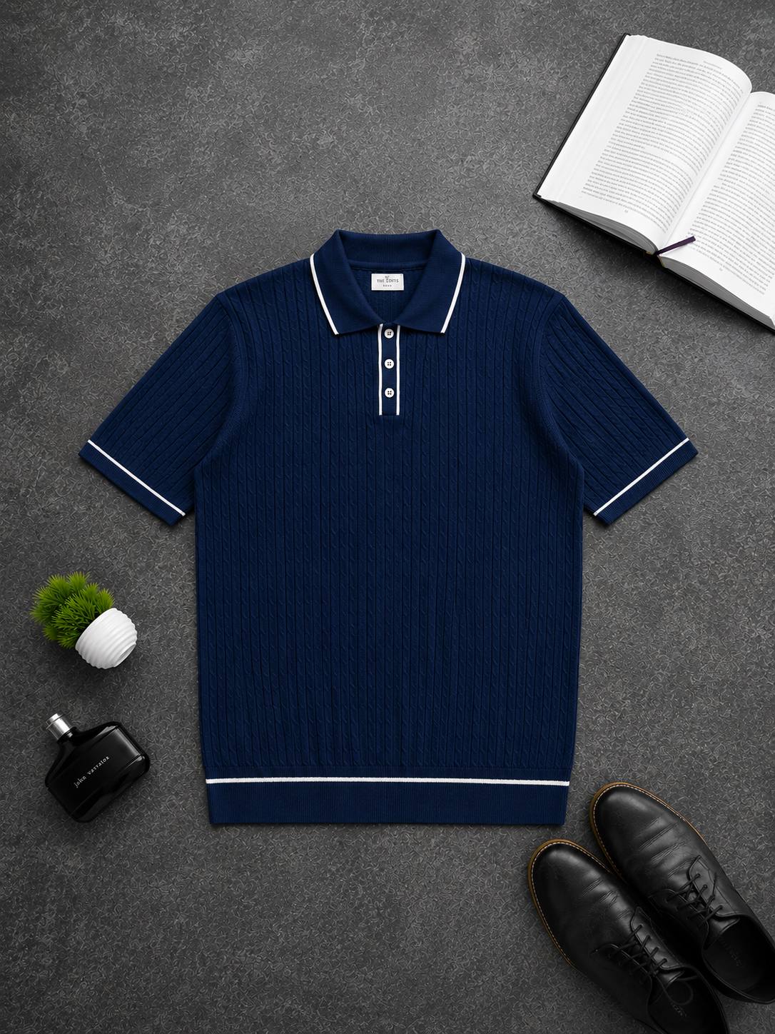 photo_2026-08-13_09-27-24 Мужская Классическая Синяя Футболка Косичка Поло с Окантовкой