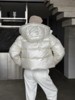 Женская Демисезонная Перламутровая Молочная Куртка - Короткая Дутик с Капюшоном