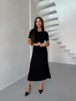 Женское Трикотажное Черное Платье Миди с Коротким Рукавом и Шнуровкой на Спине