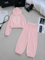Женский Розовый Велюровый Костюм с Крыльями на Спине - Зип Кофта на Молнии + Штаны Палаццо