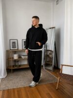Мужской Базовый Черный Спортивный Костюм Худи Штаны Оверсайз Трехнитка