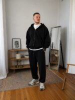 Мужской Базовый Черный Спортивный Костюм Оверсайз Трехнитка - Зип Худи + Штаны Джоггеры