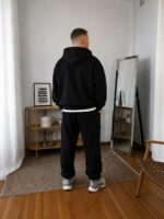Мужской Базовый Черный Спортивный Костюм Оверсайз Трехнитка - Зип Худи + Штаны Джоггеры