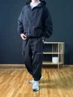 Мужской Базовый Черный Костюм Комплект Плащевка - Ветровка с Капюшоном + Штаны Карго