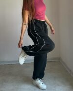 Женские Широкие Объемные Черные Спортивные Штаны с Кантом