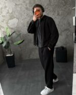 Мужской Черный Костюм Свободного Кроя на Молнии - Зип Кофта с Воротником + Широкие Штаны