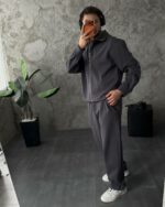 Мужской Черный Костюм Свободного Кроя на Молнии - Зип Кофта с Воротником + Широкие Штаны
