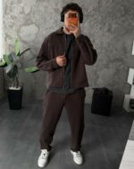 Мужской Коричневый Костюм Свободного Кроя на Молнии - Зип Кофта с Воротником + Широкие Штаны