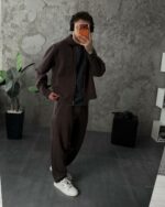 Мужской Коричневый Костюм Свободного Кроя на Молнии - Зип Кофта с Воротником + Широкие Штаны