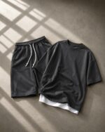 Мужской Базовый Летний Графитовый Костюм Комплект с Имитацией Двух Шаров (Футболка + Шорты)