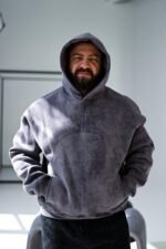 Мужское Утепленное Вареное Темно-Серое Худи Оверсайз - Трехнитка на Флисе