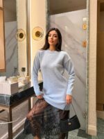 Женское Комбинированное Голубое Платье Миди Прямого Кроя с Кружевом