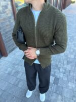 Мужской Базовый Вязаный Хаки Зип Свитер под Горло на Молнии