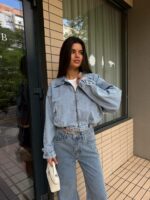 Женская Голубая Джинсовая Куртка на Молнии с Ремешком - Укороченная Джинсовка Свободного Кроя