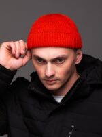 Мужская Вязаная Оранжевая Шапка Докер с Подворотом