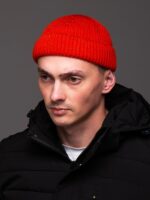 Мужская Вязаная Оранжевая Шапка Докер с Подворотом