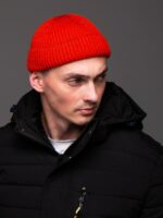 Мужская Вязаная Оранжевая Шапка Докер с Подворотом