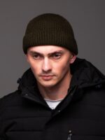 Мужская Вязаная Хаки Шапка Докер с Подворотом