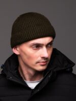 Мужская Вязаная Хаки Шапка Докер с Подворотом