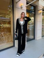 Женский Свободный Трикотажный Черный Костюм Двойка с Контрастной Отделкой (Кардиган + Штаны)
