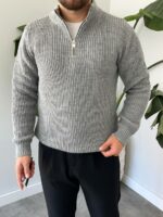 Мужской Серый Вязаный Свитер - Базовый Классический с Высоким Горлом на Замке